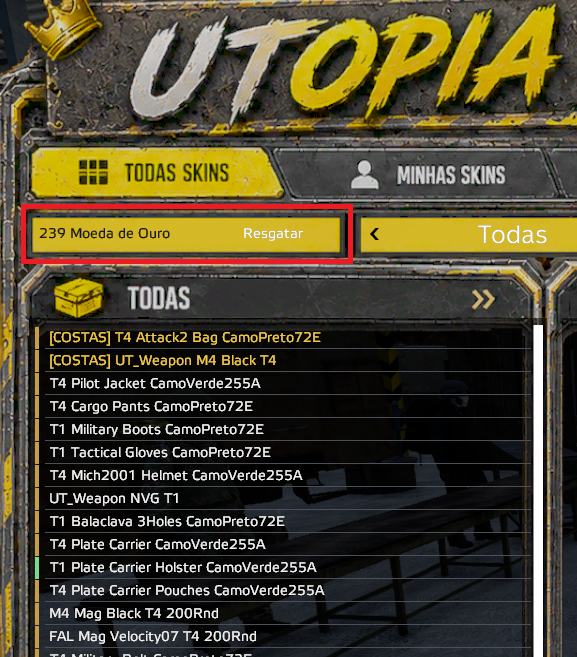 Resgate do saldo de Moeda de Ouro no SkinStore